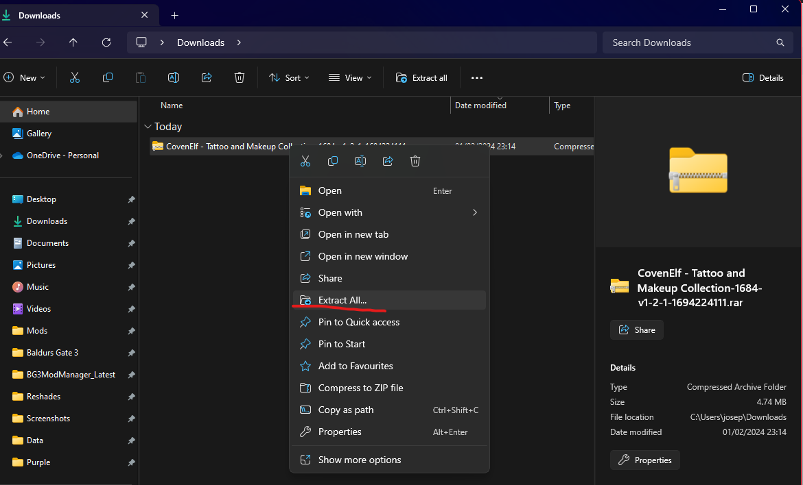 File Browser right click menu with extract all highlighted